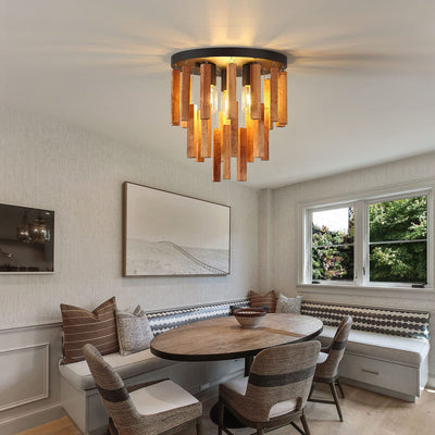 Traditionelle rustikale runde Holzstab 3-Licht Semi-Flush-Mount Deckenleuchte für Wohnzimmer 