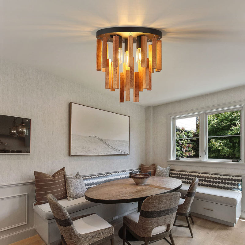 Traditionelle rustikale runde Holzstab 3-Licht Semi-Flush-Mount Deckenleuchte für Wohnzimmer 