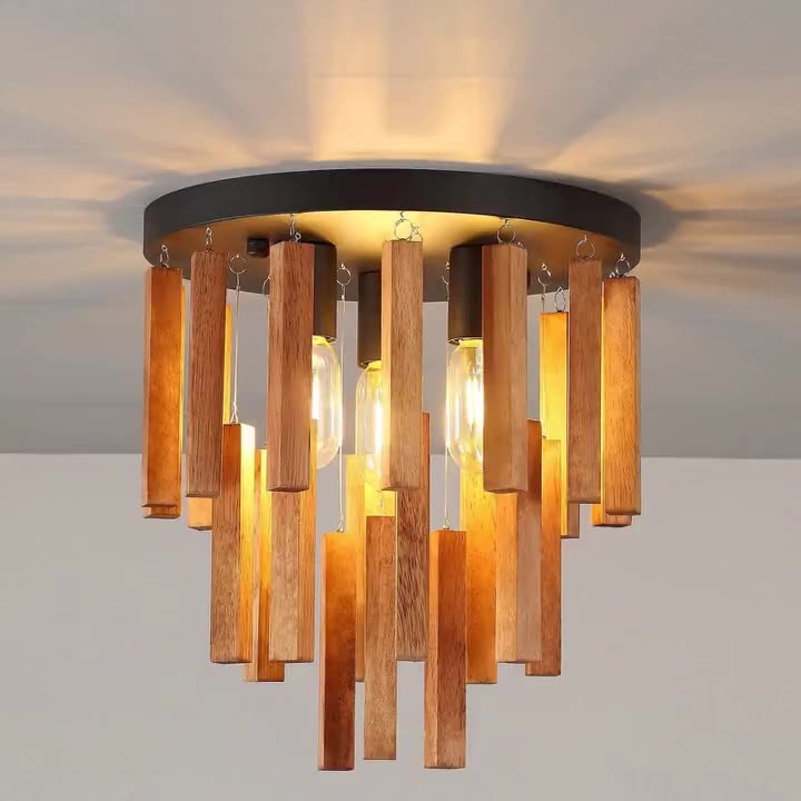 Traditionelle rustikale runde Holzstab 3-Licht Semi-Flush-Mount Deckenleuchte für Wohnzimmer 