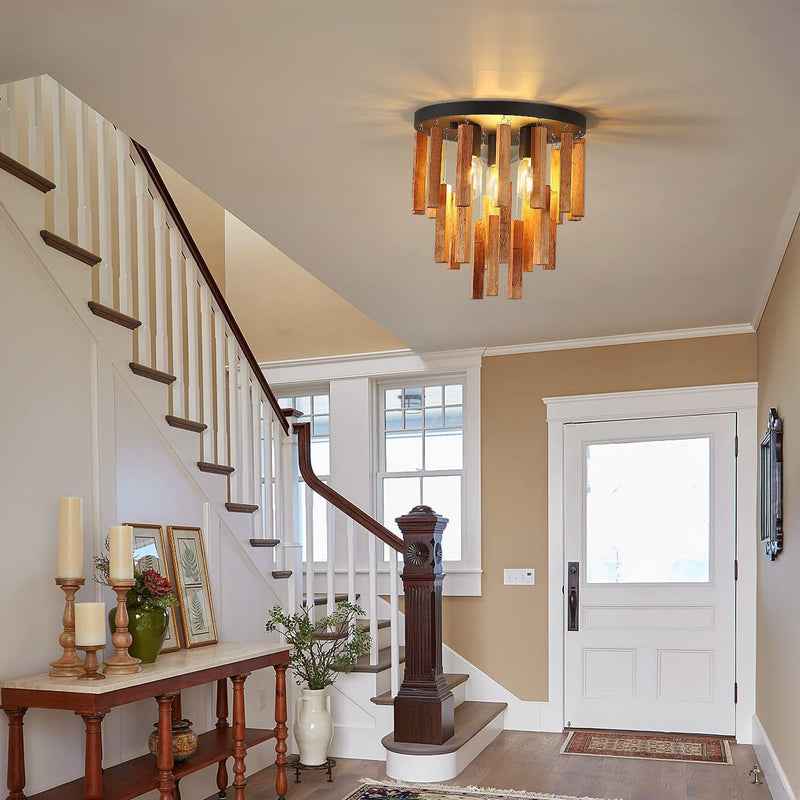 Traditionelle rustikale runde Holzstab 3-Licht Semi-Flush-Mount Deckenleuchte für Wohnzimmer 
