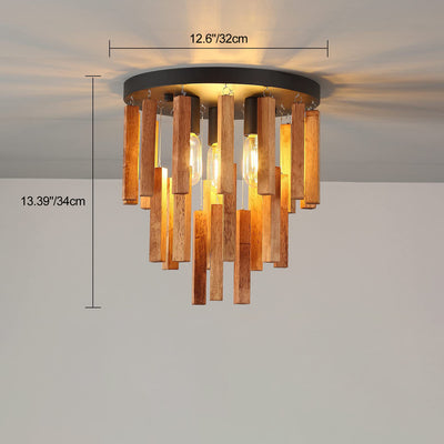 Traditionelle rustikale runde Holzstab 3-Licht Semi-Flush-Mount Deckenleuchte für Wohnzimmer 