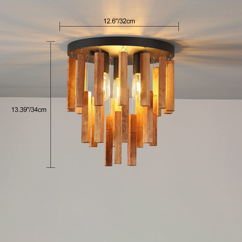 Traditionelle rustikale runde Holzstab 3-Licht Semi-Flush-Mount Deckenleuchte für Wohnzimmer 