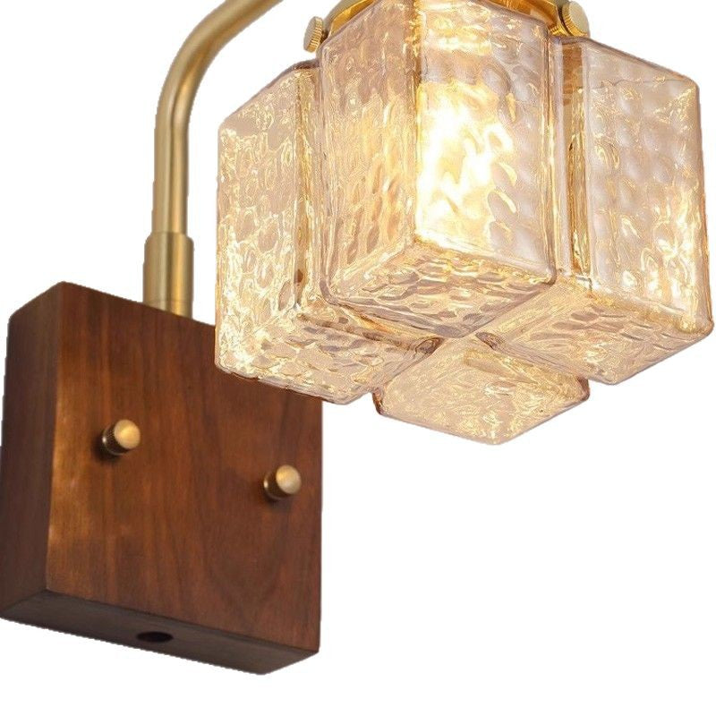Contemporary Retro Blocks Solid Wood Copper Glass 1 - Light Wall Sconce Lamp For Bedroom