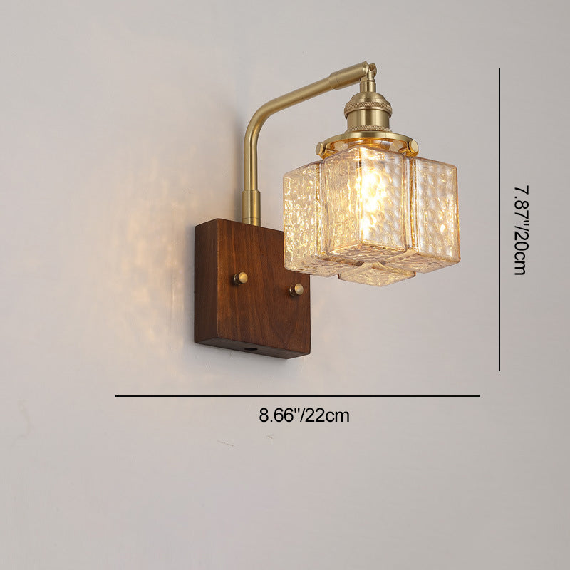 Contemporary Retro Blocks Solid Wood Copper Glass 1 - Light Wall Sconce Lamp For Bedroom
