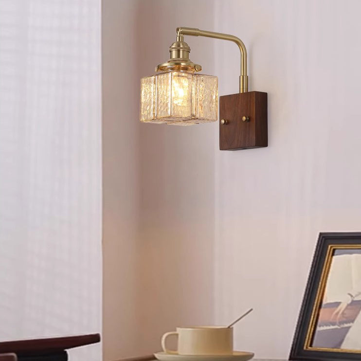 Contemporary Retro Blocks Solid Wood Copper Glass 1 - Light Wall Sconce Lamp For Bedroom