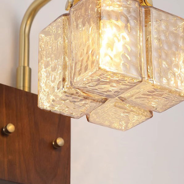 Contemporary Retro Blocks Solid Wood Copper Glass 1 - Light Wall Sconce Lamp For Bedroom