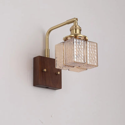 Contemporary Retro Blocks Solid Wood Copper Glass 1 - Light Wall Sconce Lamp For Bedroom