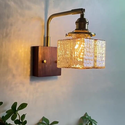 Contemporary Retro Blocks Solid Wood Copper Glass 1 - Light Wall Sconce Lamp For Bedroom