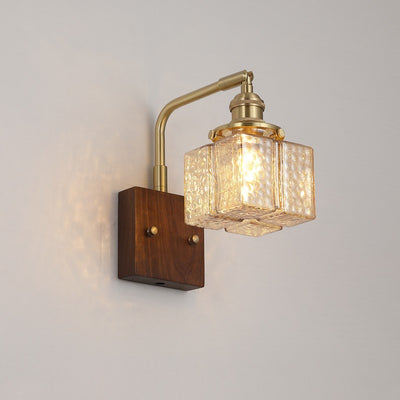 Contemporary Retro Blocks Solid Wood Copper Glass 1 - Light Wall Sconce Lamp For Bedroom