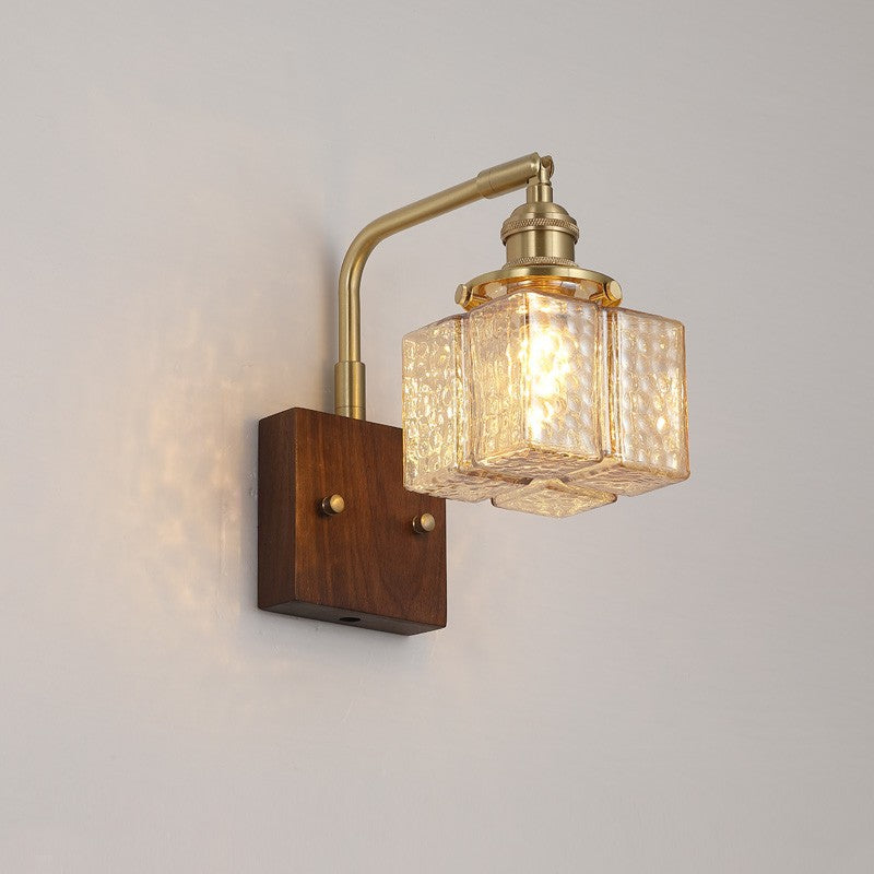 Contemporary Retro Blocks Solid Wood Copper Glass 1 - Light Wall Sconce Lamp For Bedroom