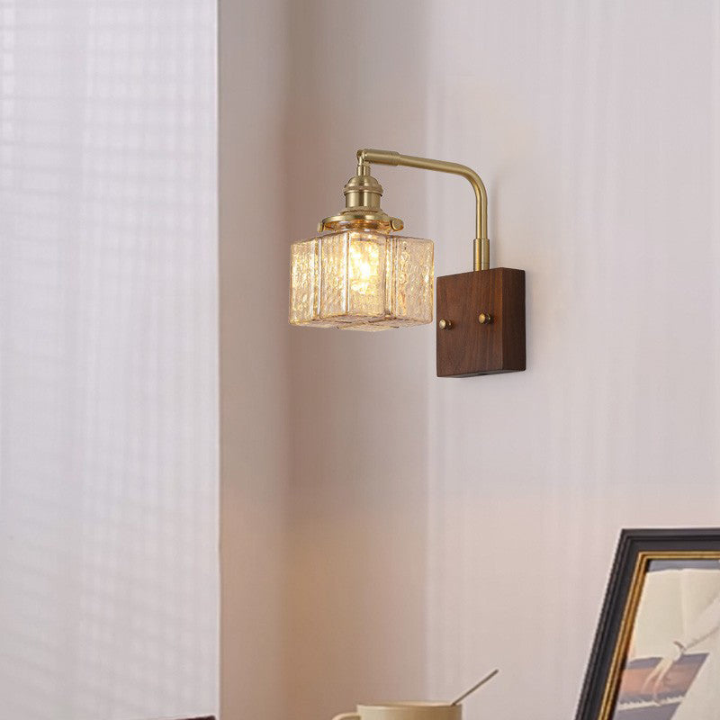Contemporary Retro Blocks Solid Wood Copper Glass 1 - Light Wall Sconce Lamp For Bedroom