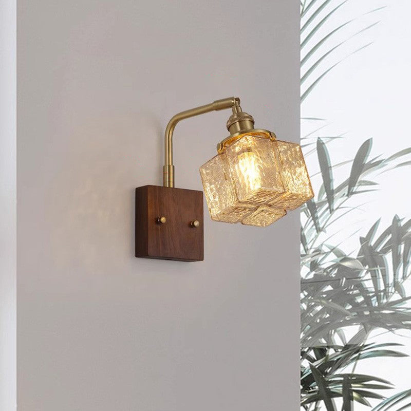 Contemporary Retro Blocks Solid Wood Copper Glass 1 - Light Wall Sconce Lamp For Bedroom