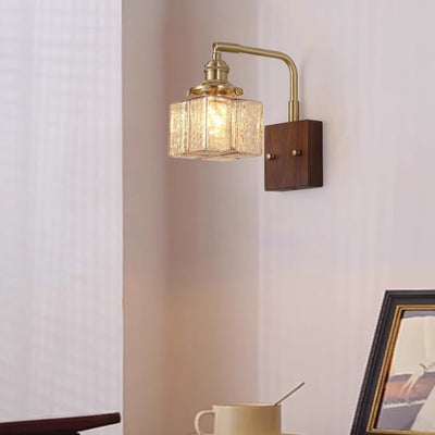 Contemporary Retro Blocks Solid Wood Copper Glass 1 - Light Wall Sconce Lamp For Bedroom