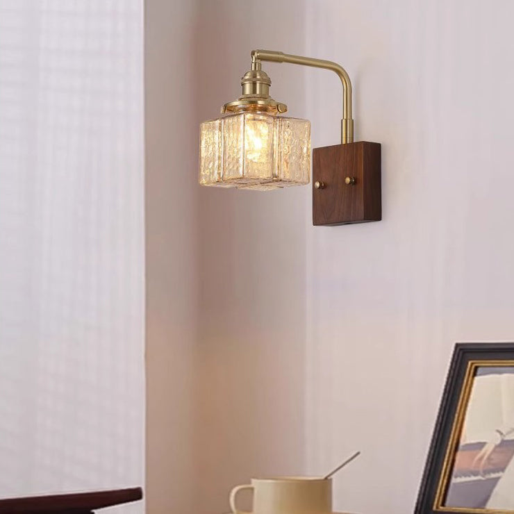 Contemporary Retro Blocks Solid Wood Copper Glass 1 - Light Wall Sconce Lamp For Bedroom