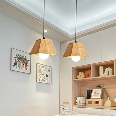 Plafonnier léger en bois de caoutchouc trapézoïdal japonais traditionnel 1/3 - Pour salle à manger 