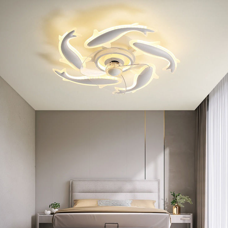 Contemporary Creative Goldfish Iron Acrylic Aluminum LED Semi-Flush Mount Ceiling Fan Light For Bedroom