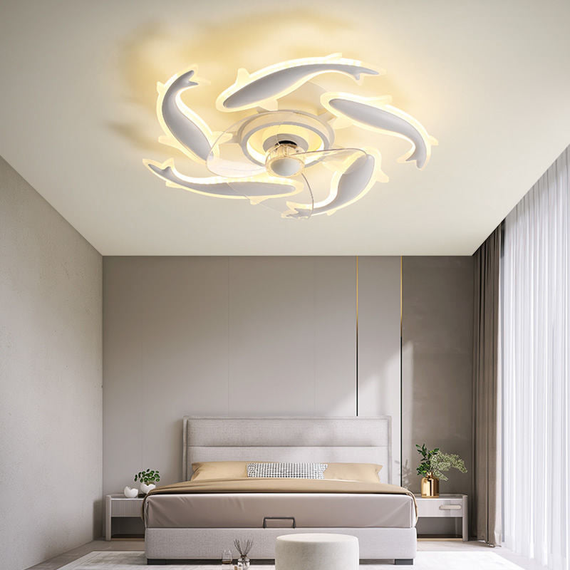 Contemporary Creative Goldfish Iron Acrylic Aluminum LED Semi-Flush Mount Ceiling Fan Light For Bedroom