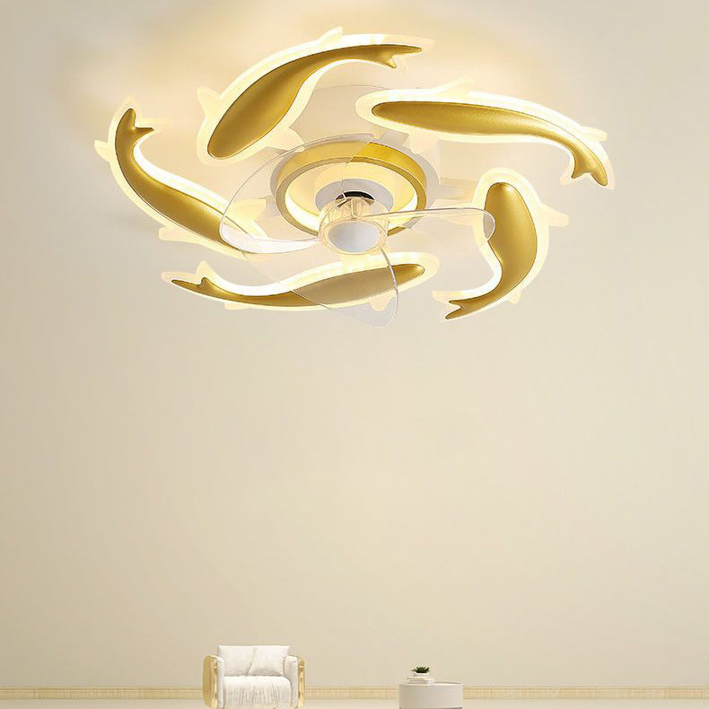 Contemporary Creative Goldfish Iron Acrylic Aluminum LED Semi-Flush Mount Ceiling Fan Light For Bedroom