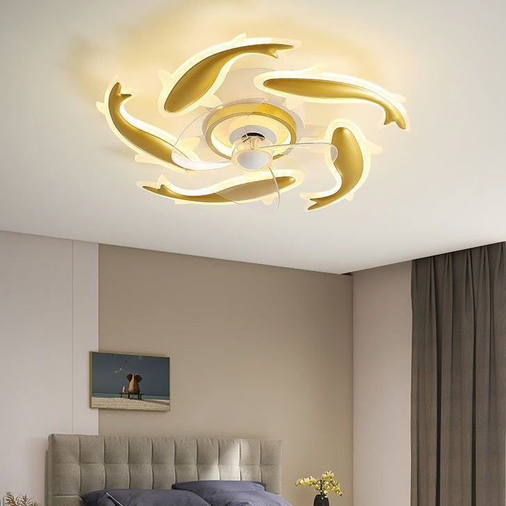 Contemporary Creative Goldfish Iron Acrylic Aluminum LED Semi-Flush Mount Ceiling Fan Light For Bedroom