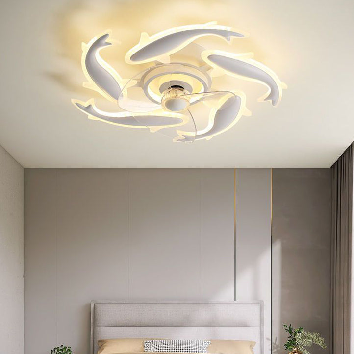 Contemporary Creative Goldfish Iron Acrylic Aluminum LED Semi-Flush Mount Ceiling Fan Light For Bedroom