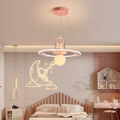 Contemporary Creative Disc Kids Cartoon Unicorn Orb Acrylic Iron Resin LED Chandelier For Bedroom