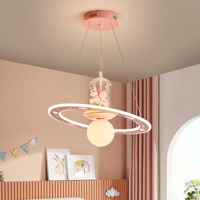 Contemporary Creative Disc Kids Cartoon Unicorn Orb Acrylic Iron Resin LED Chandelier For Bedroom