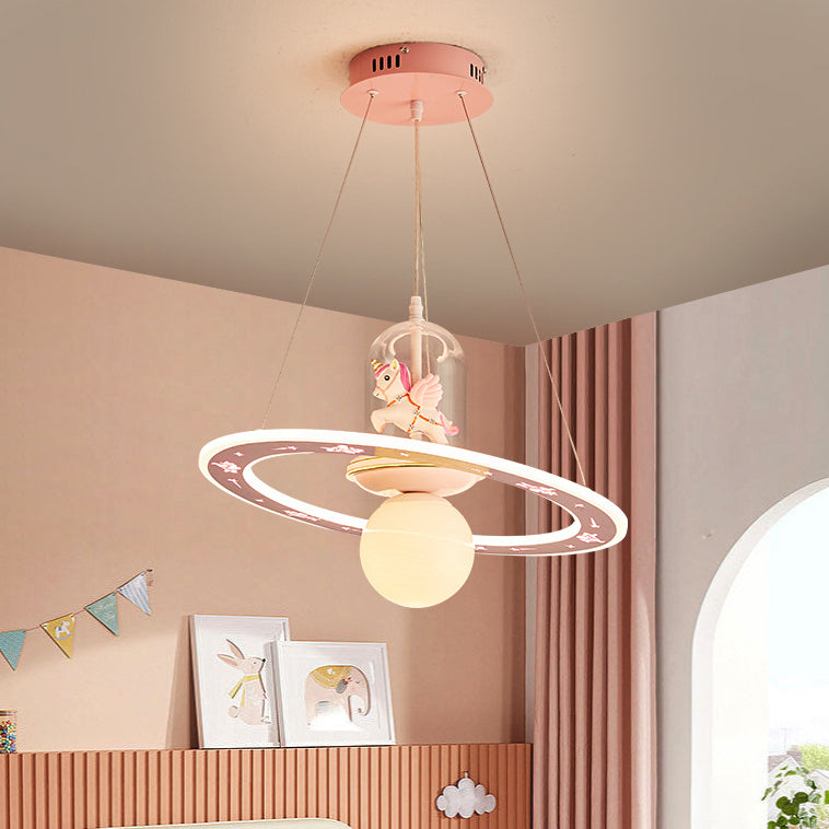 Contemporary Creative Disc Kids Cartoon Unicorn Orb Acrylic Iron Resin LED Chandelier For Bedroom