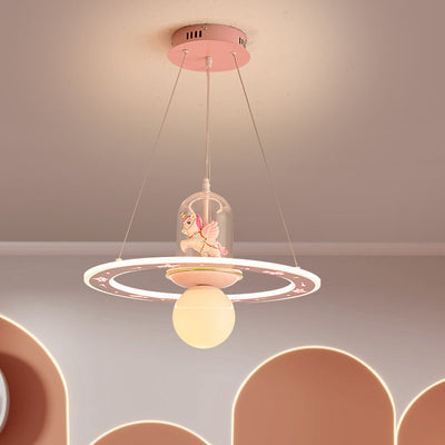 Contemporary Creative Disc Kids Cartoon Unicorn Orb Acrylic Iron Resin LED Chandelier For Bedroom