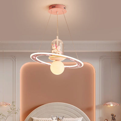 Contemporary Creative Disc Kids Cartoon Unicorn Orb Acrylic Iron Resin LED Chandelier For Bedroom