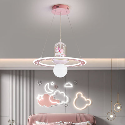 Contemporary Creative Disc Kids Cartoon Unicorn Orb Acrylic Iron Resin LED Chandelier For Bedroom