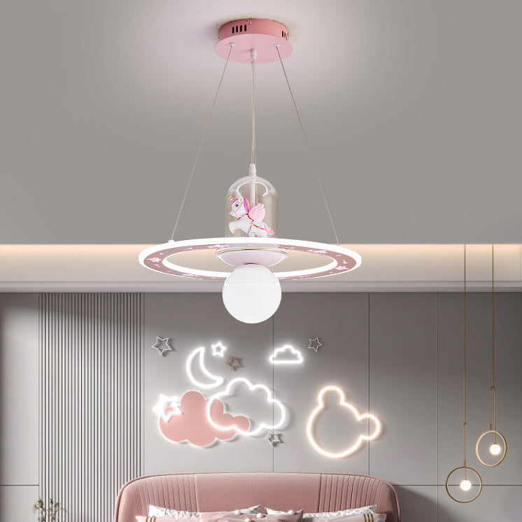 Contemporary Creative Disc Kids Cartoon Unicorn Orb Acrylic Iron Resin LED Chandelier For Bedroom