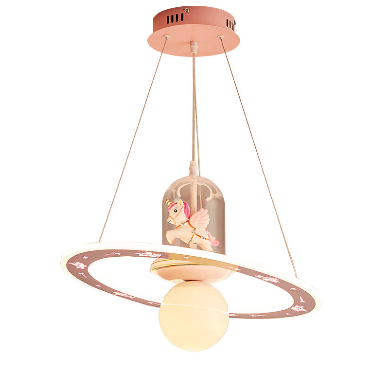 Contemporary Creative Disc Kids Cartoon Unicorn Orb Acrylic Iron Resin LED Chandelier For Bedroom