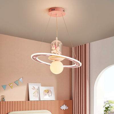 Contemporary Creative Disc Kids Cartoon Unicorn Orb Acrylic Iron Resin LED Chandelier For Bedroom