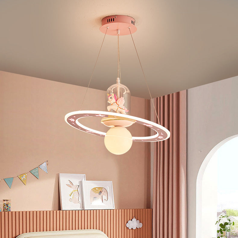 Contemporary Creative Disc Kids Cartoon Unicorn Orb Acrylic Iron Resin LED Chandelier For Bedroom