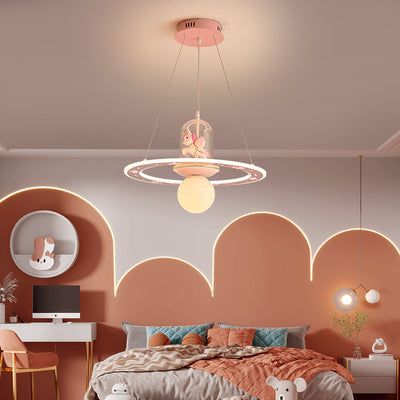 Contemporary Creative Disc Kids Cartoon Unicorn Orb Acrylic Iron Resin LED Chandelier For Bedroom