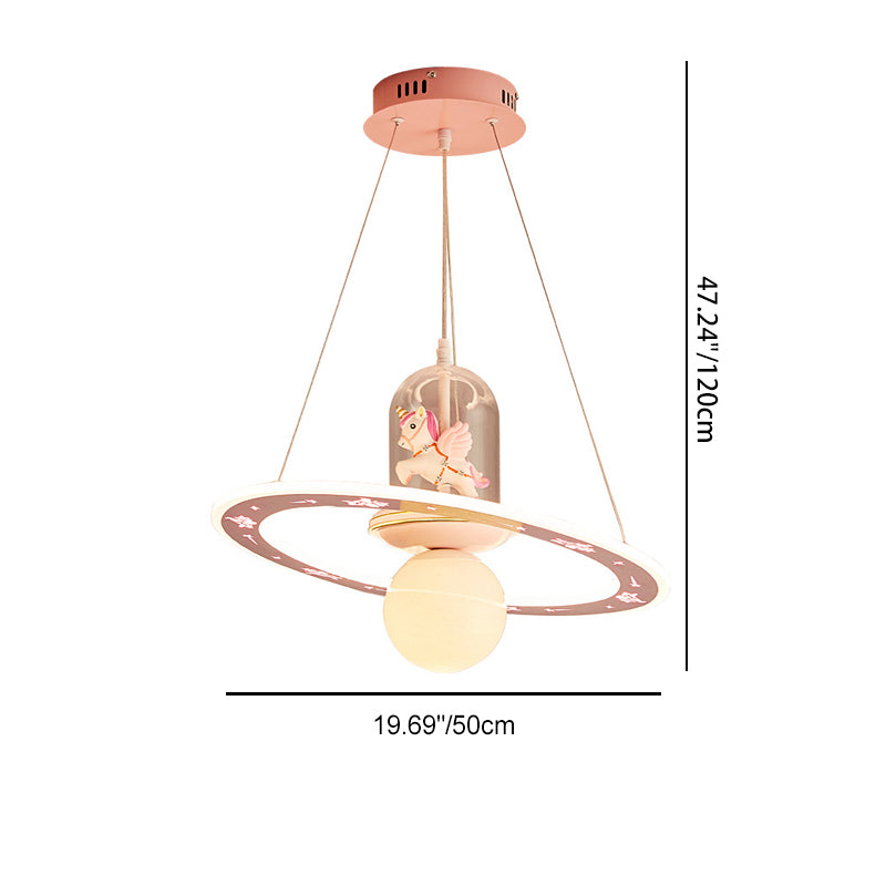 Contemporary Creative Disc Kids Cartoon Unicorn Orb Acrylic Iron Resin LED Chandelier For Bedroom