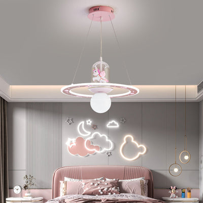 Contemporary Creative Disc Kids Cartoon Unicorn Orb Acrylic Iron Resin LED Chandelier For Bedroom