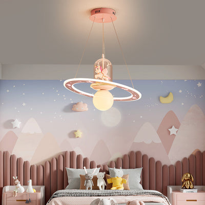 Contemporary Creative Disc Kids Cartoon Unicorn Orb Acrylic Iron Resin LED Chandelier For Bedroom