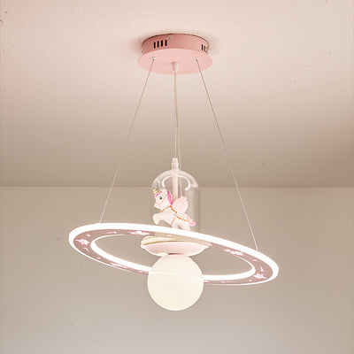 Contemporary Creative Disc Kids Cartoon Unicorn Orb Acrylic Iron Resin LED Chandelier For Bedroom