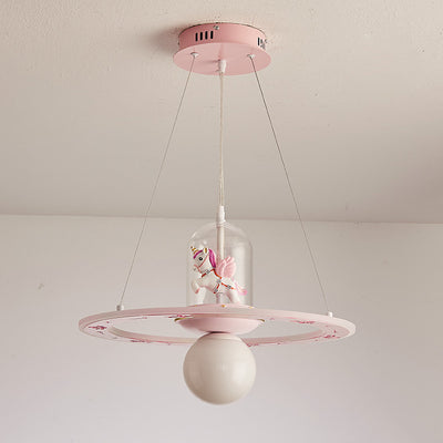 Contemporary Creative Disc Kids Cartoon Unicorn Orb Acrylic Iron Resin LED Chandelier For Bedroom