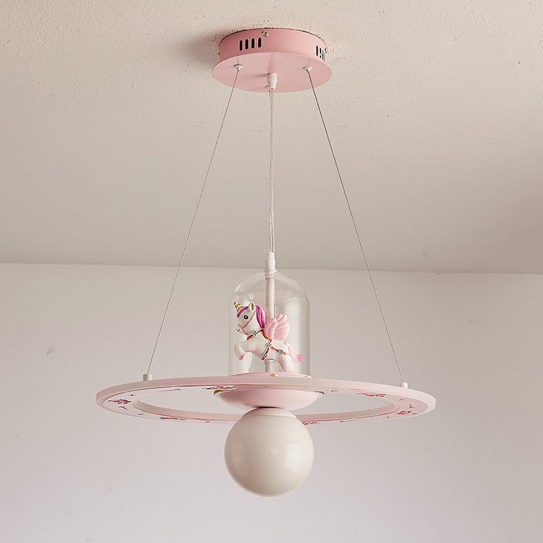 Contemporary Creative Disc Kids Cartoon Unicorn Orb Acrylic Iron Resin LED Chandelier For Bedroom