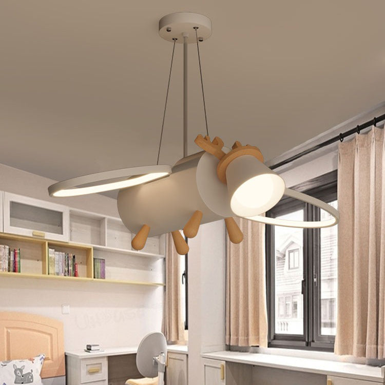 Contemporary Creative Flying Deer Round Wings Kids Iron Wood Aluminum LED Chandelier For Bedroom