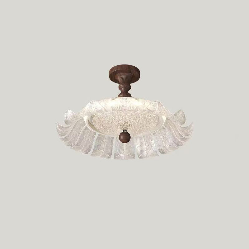 Traditional French Round Petal Iron Glass Acrylic LED Semi-Flush Mount Ceiling Light For Bedroom
