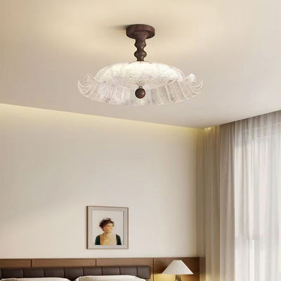 Traditional French Round Petal Iron Glass Acrylic LED Semi-Flush Mount Ceiling Light For Bedroom