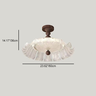 Traditional French Round Petal Iron Glass Acrylic LED Semi-Flush Mount Ceiling Light For Bedroom