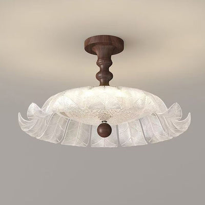 Traditional French Round Petal Iron Glass Acrylic LED Semi-Flush Mount Ceiling Light For Bedroom