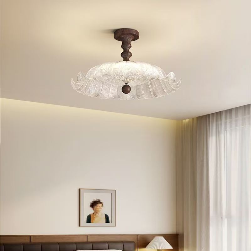 Traditional French Round Petal Iron Glass Acrylic LED Semi-Flush Mount Ceiling Light For Bedroom