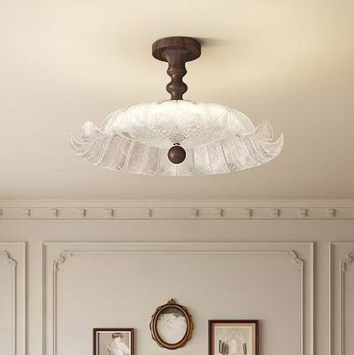 Traditional French Round Petal Iron Glass Acrylic LED Semi-Flush Mount Ceiling Light For Bedroom