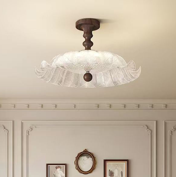 Traditional French Round Petal Iron Glass Acrylic LED Semi-Flush Mount Ceiling Light For Bedroom