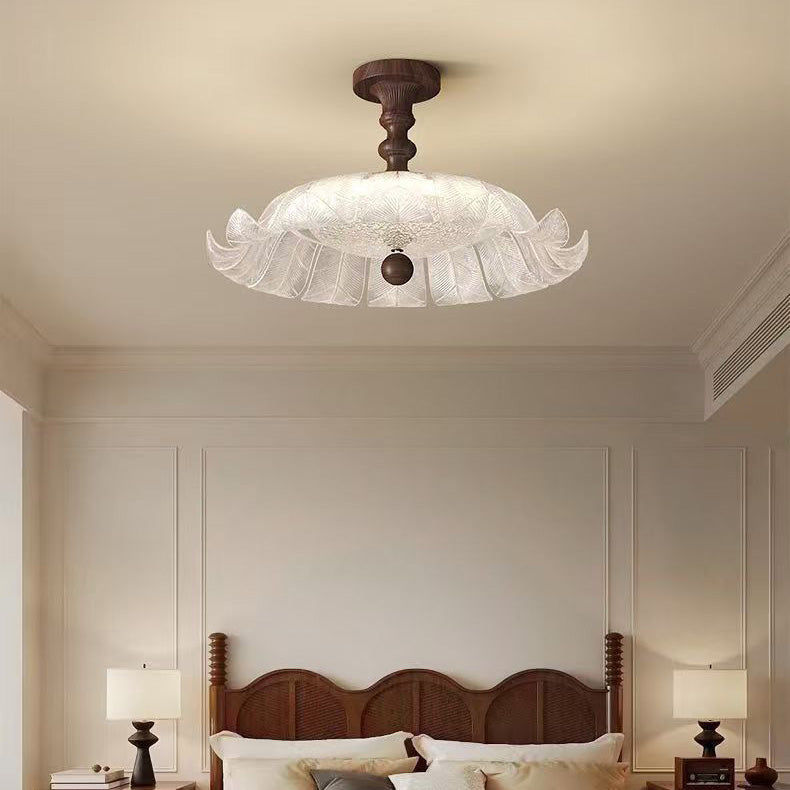 Traditional French Round Petal Iron Glass Acrylic LED Semi-Flush Mount Ceiling Light For Bedroom